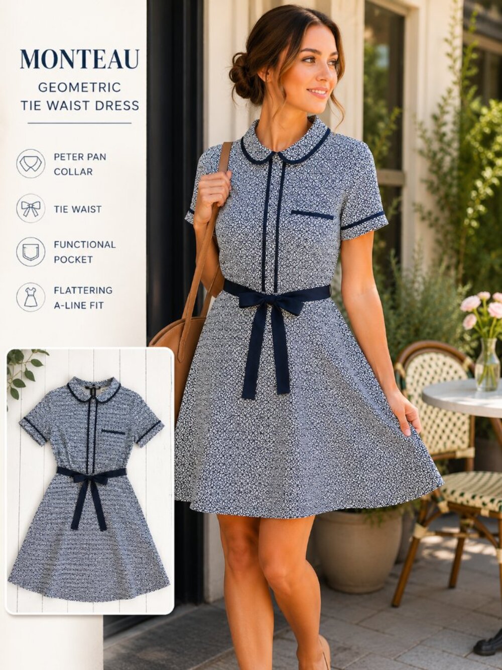 Monteau Navy Geometric Print Dress Peter Pan Collar Tie Waist Size M